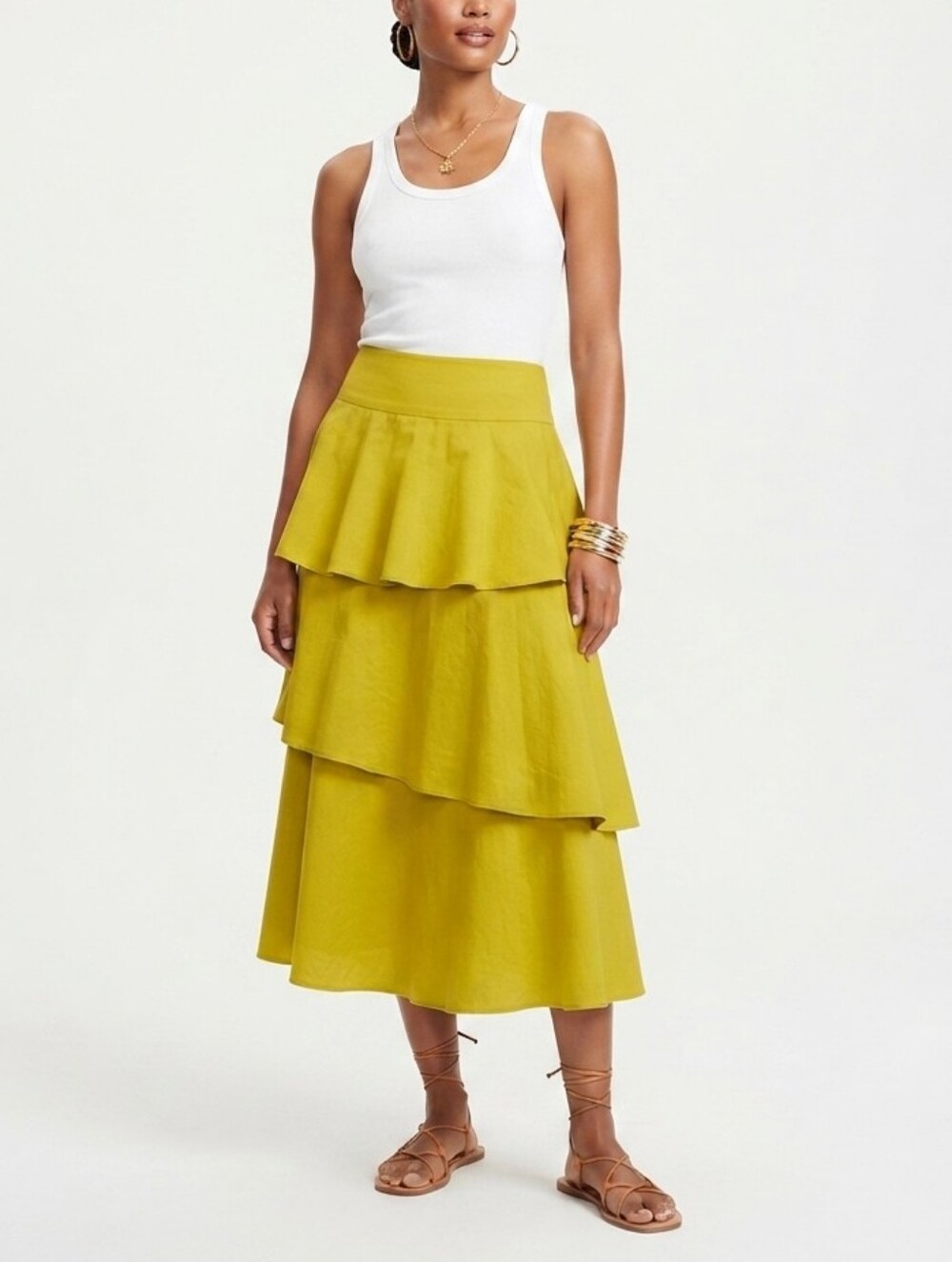DO+BE Tiered Midi Skirt in Chartreuse Yellow
